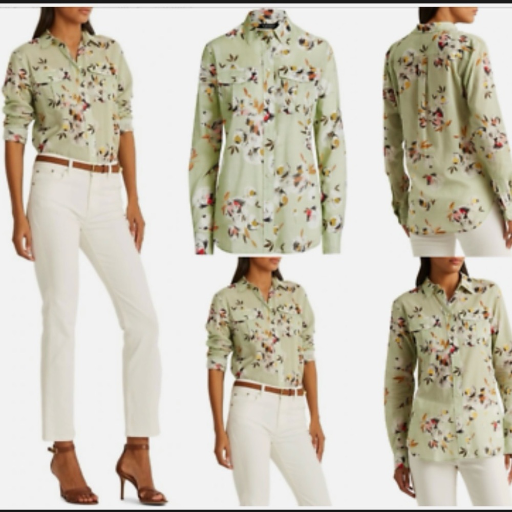 Ralph Lauren Pastel Green Floral  MomCore Button Down Long Sleeve Blouse 2X